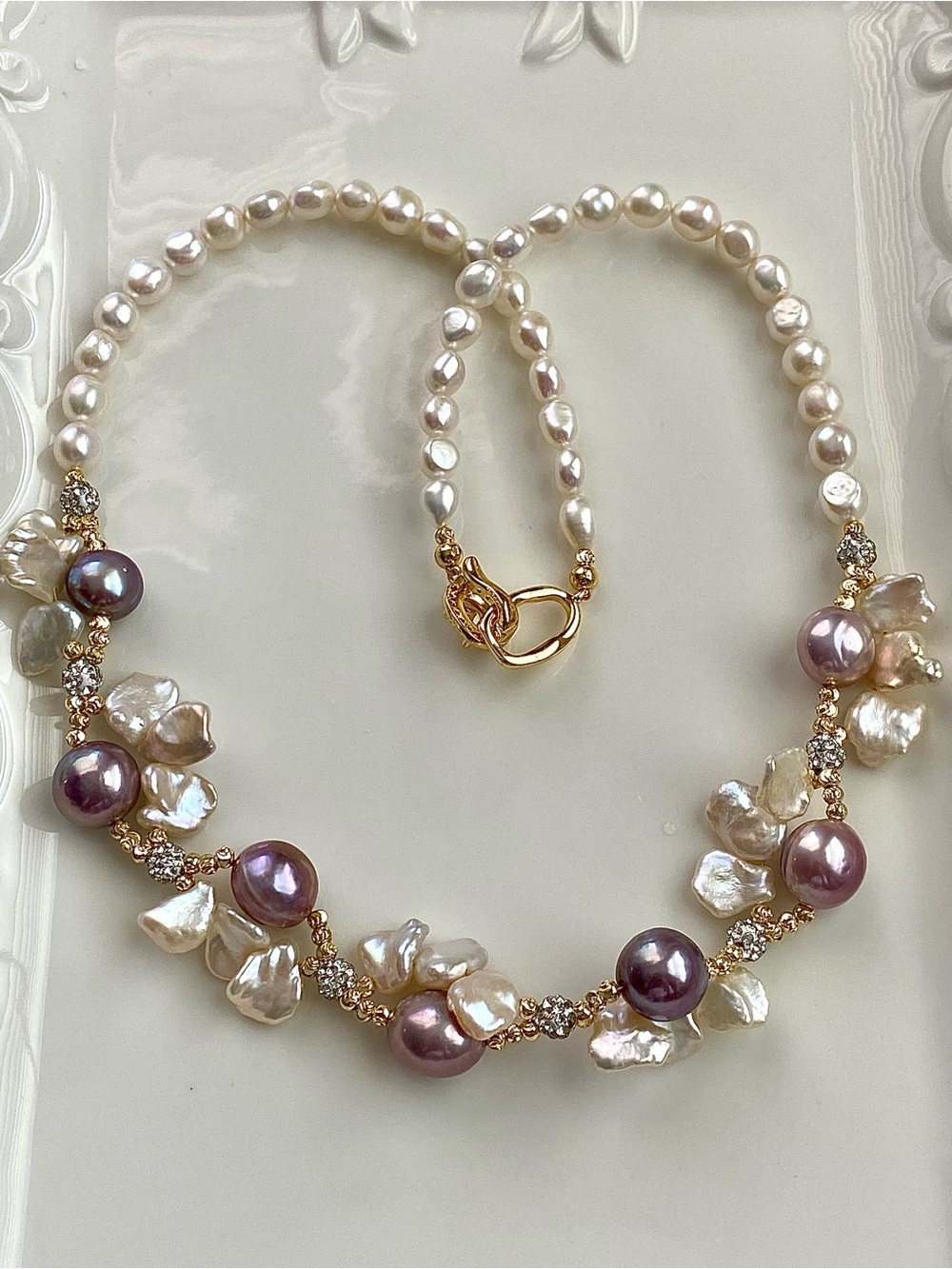 N305-Handmade Braided keshi Pearl And Natural Purple Pearl Necklace